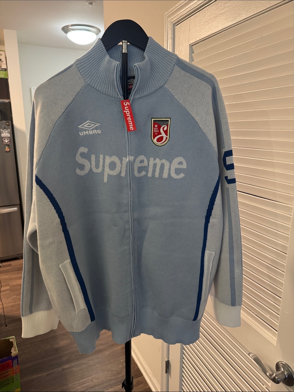 Supreme Light Blue and White Track ZipUp Sweater